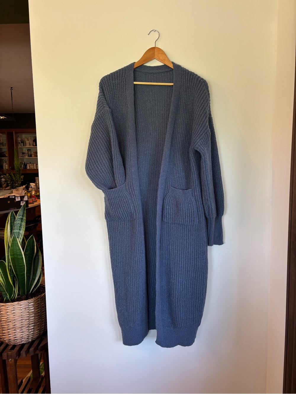 Long Open-Front Blue Knit Cardigan Sweater